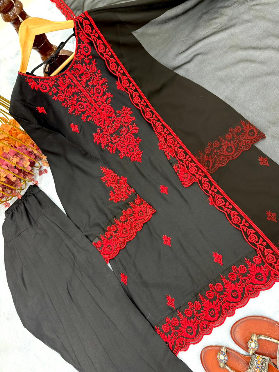 New Designer Party Wear Look Pure Rayon Cotton Top & Farshi Palazzo With Dupatta Set