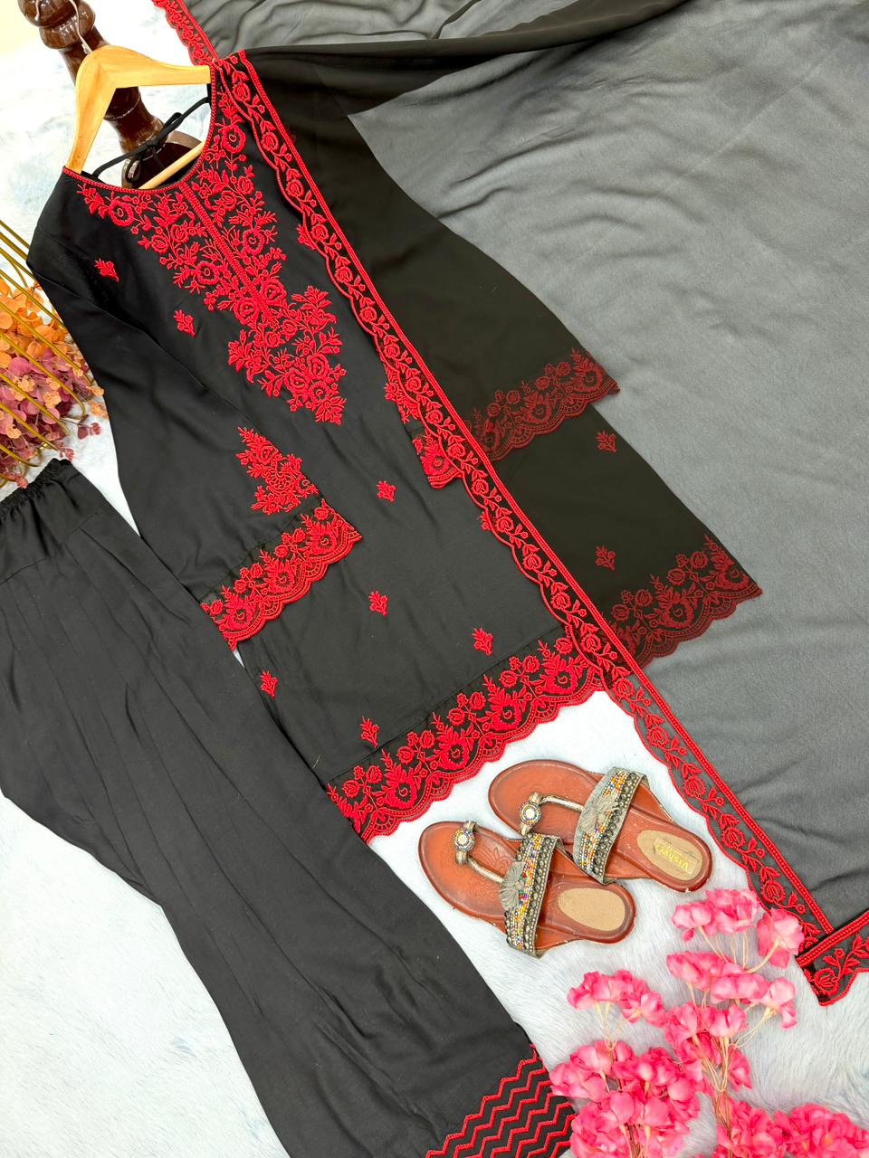 New Designer Party Wear Look Pure Rayon Cotton Top & Farshi Palazzo With Dupatta Set