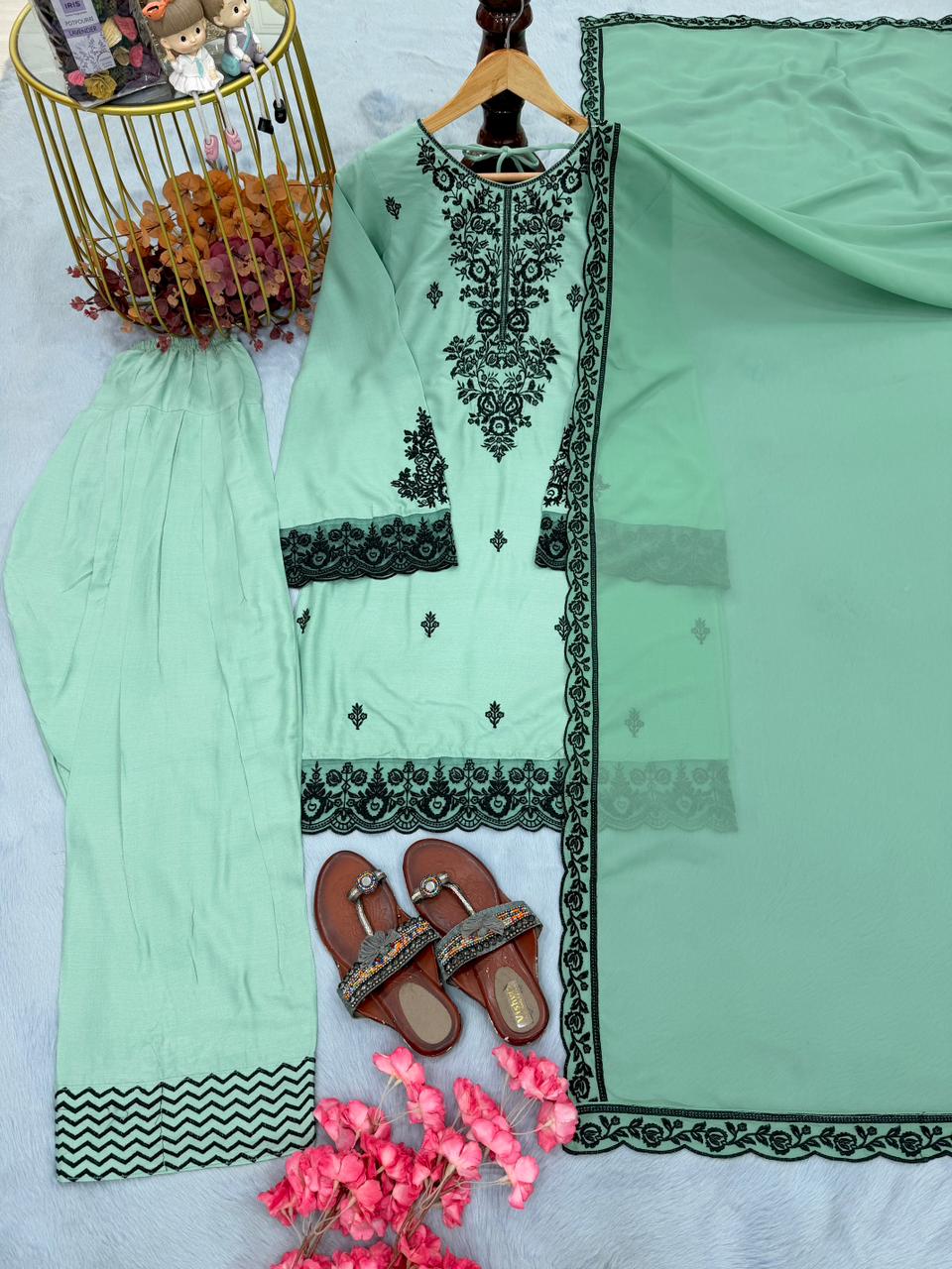 New Designer Party Wear Look Pure Rayon Cotton Top & Farshi Palazzo With Dupatta Set