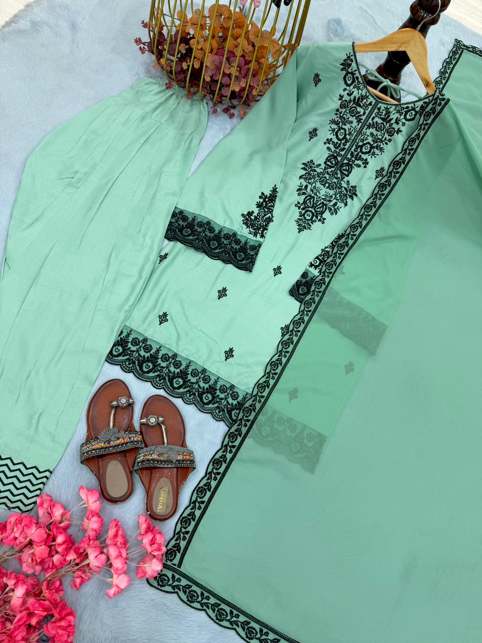 New Designer Party Wear Look Pure Rayon Cotton Top & Farshi Palazzo With Dupatta Set