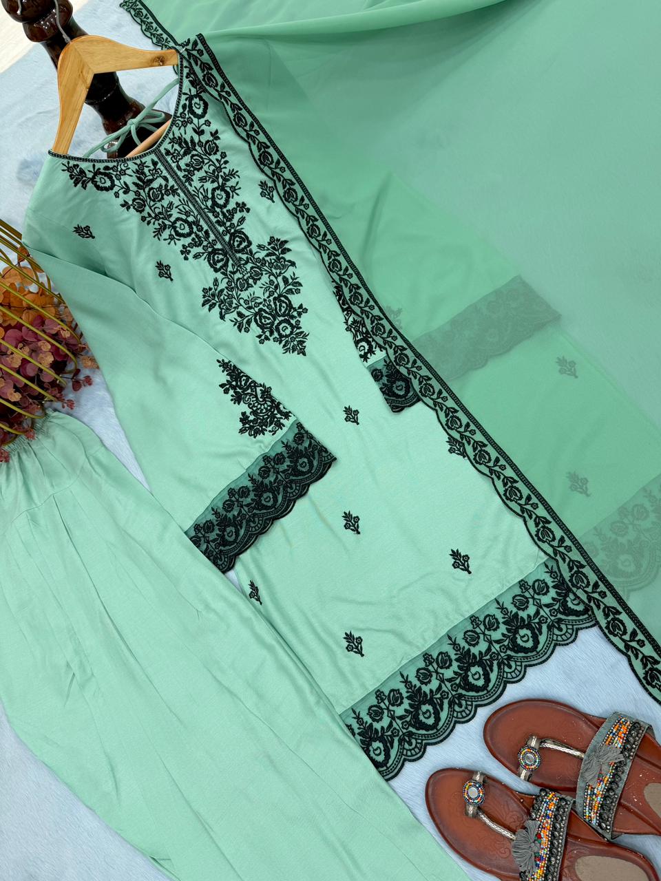 New Designer Party Wear Look Pure Rayon Cotton Top & Farshi Palazzo With Dupatta Set