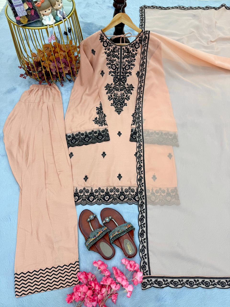 New Designer Party Wear Look Pure Rayon Cotton Top & Farshi Palazzo With Dupatta Set