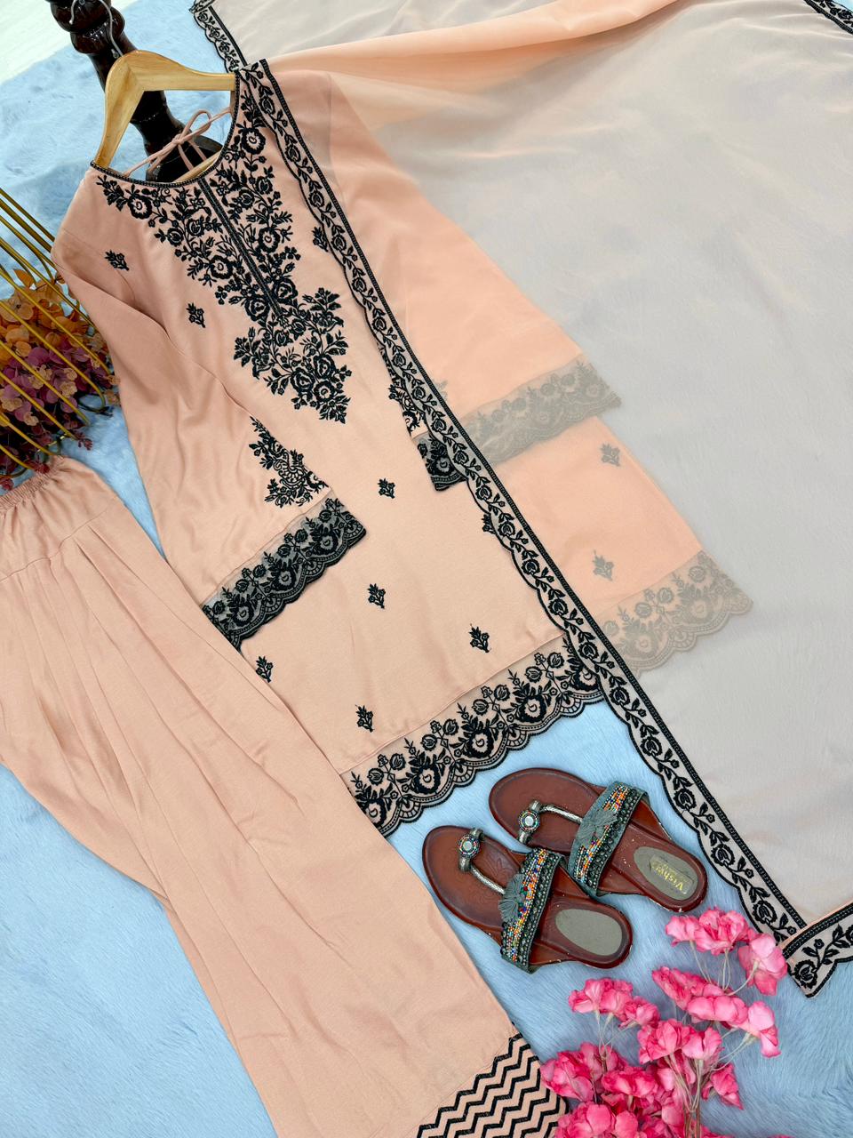 New Designer Party Wear Look Pure Rayon Cotton Top & Farshi Palazzo With Dupatta Set