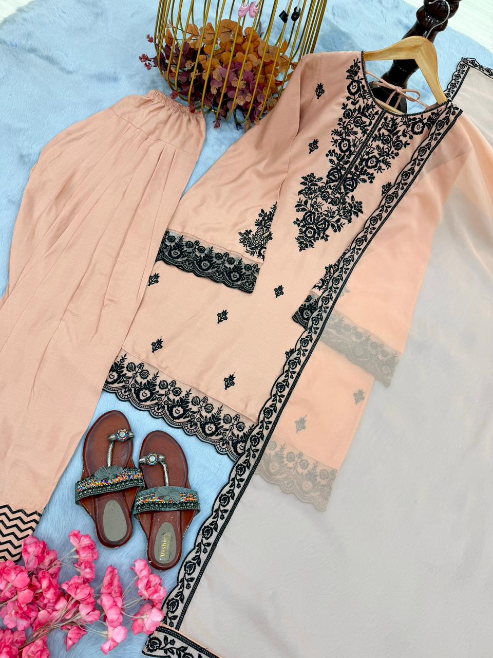 New Designer Party Wear Look Pure Rayon Cotton Top & Farshi Palazzo With Dupatta Set