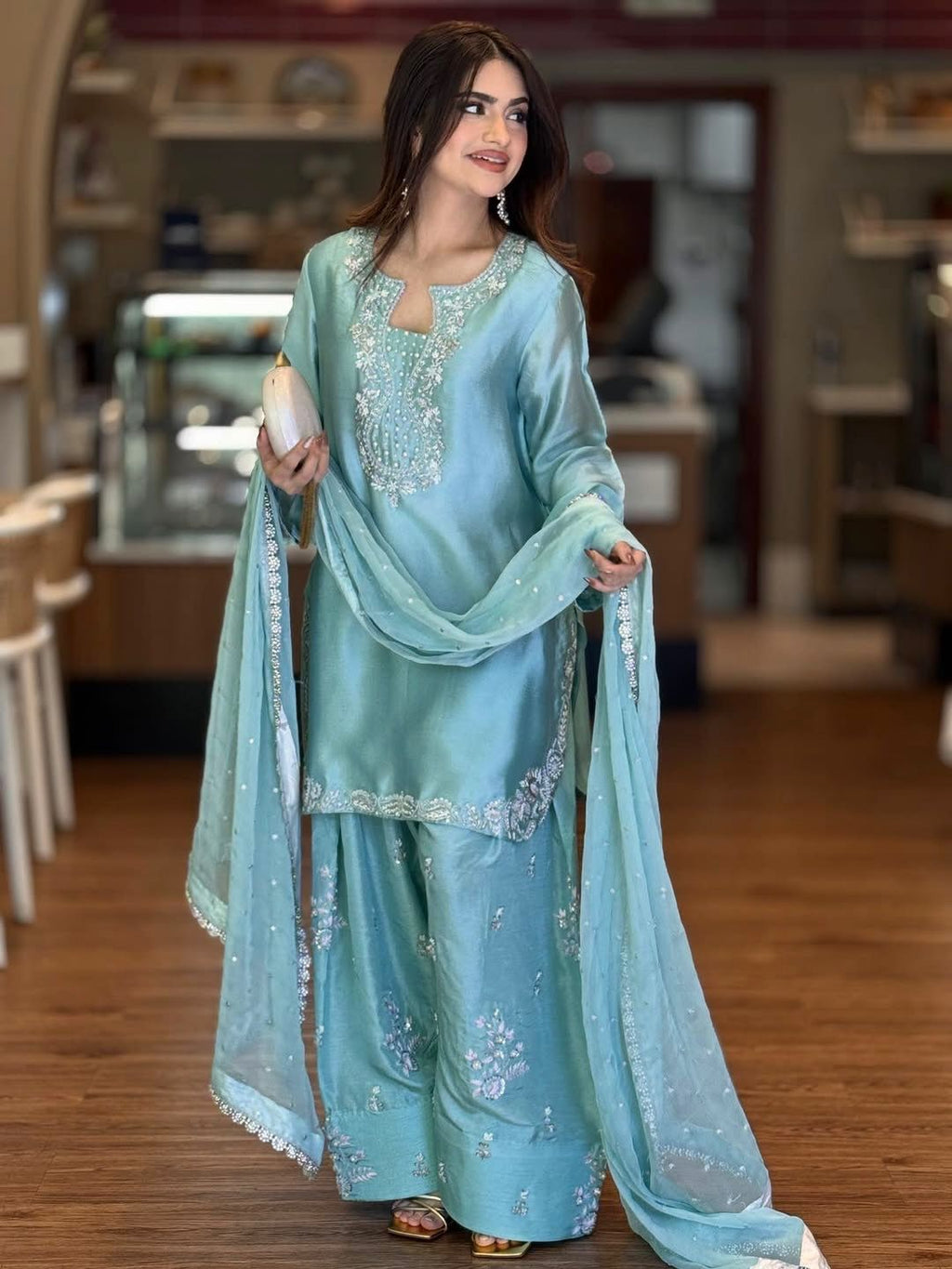 New Designer Party Wear Look Pure Glass Satin Top & Farshi Palazzo With Dupatta Set