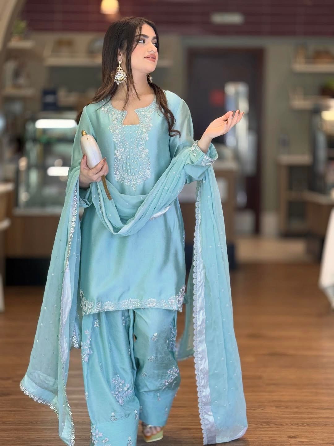 New Designer Party Wear Look Pure Glass Satin Top & Farshi Palazzo With Dupatta Set