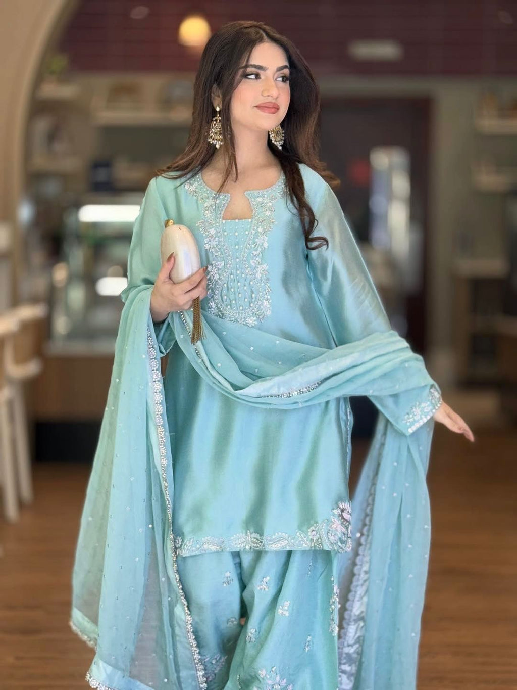 New Designer Party Wear Look Pure Glass Satin Top & Farshi Palazzo With Dupatta Set