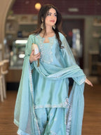 New Designer Party Wear Look Pure Glass Satin Top & Farshi Palazzo With Dupatta Set