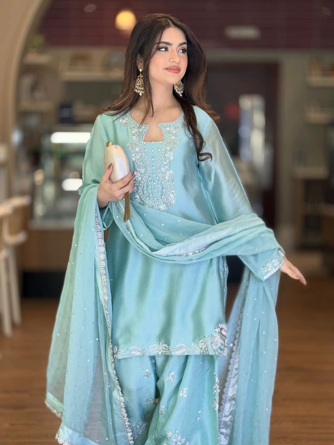 New Designer Party Wear Look Pure Glass Satin Top & Farshi Palazzo With Dupatta Set
