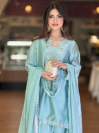 New Designer Party Wear Look Pure Glass Satin Top & Farshi Palazzo With Dupatta Set