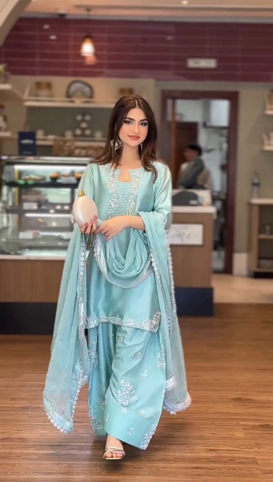 New Designer Party Wear Look Pure Glass Satin Top & Farshi Palazzo With Dupatta Set