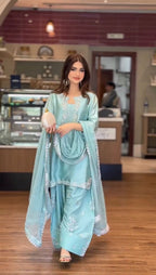 New Designer Party Wear Look Pure Glass Satin Top & Farshi Palazzo With Dupatta Set