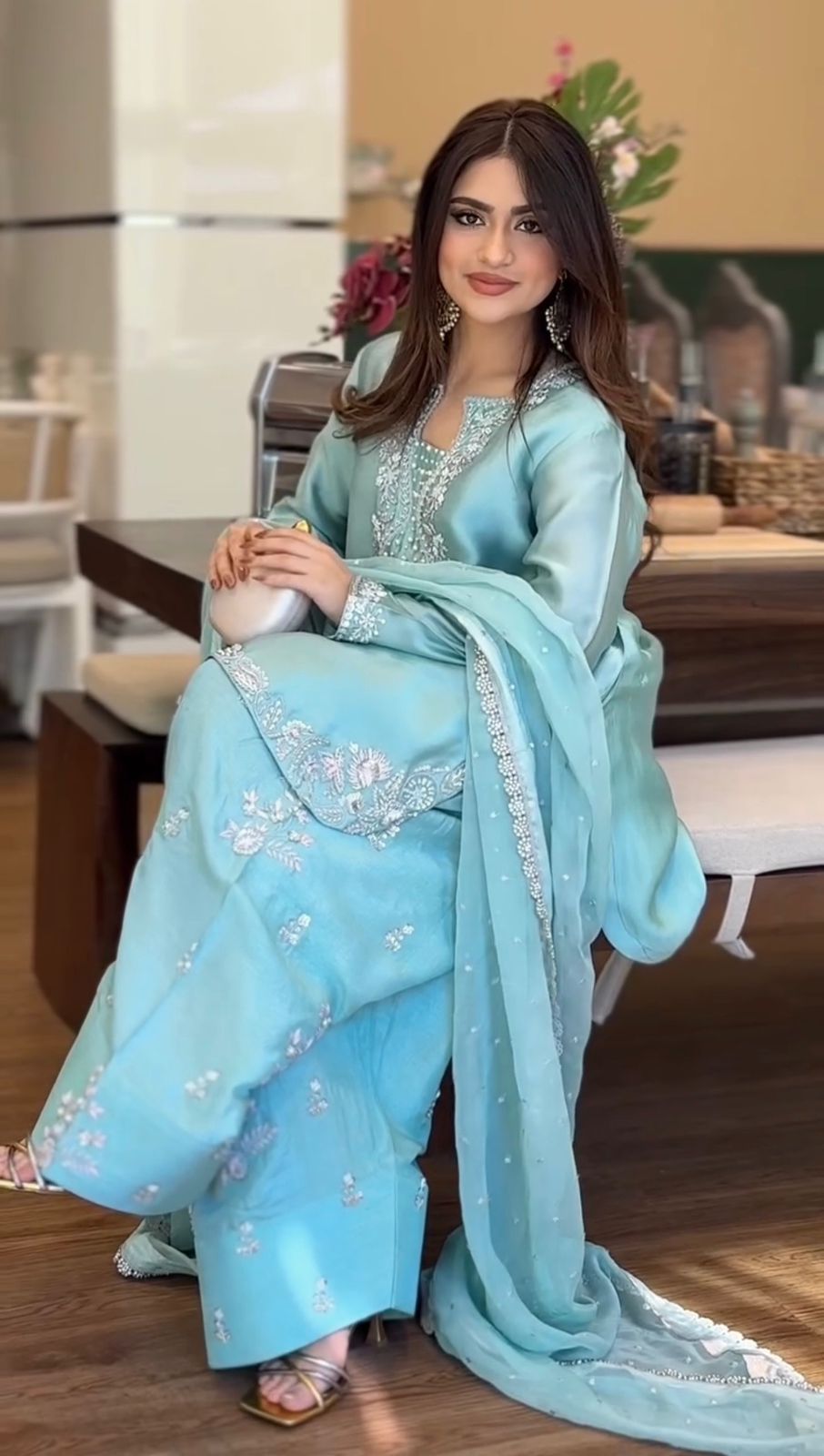 New Designer Party Wear Look Pure Glass Satin Top & Farshi Palazzo With Dupatta Set