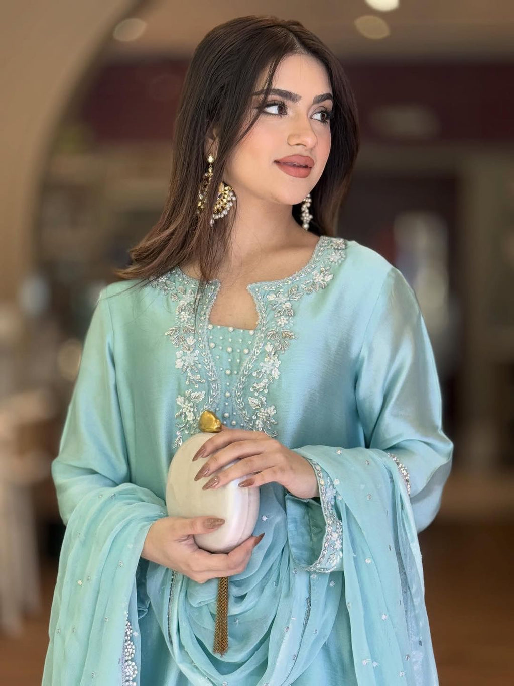 New Designer Party Wear Look Pure Glass Satin Top & Farshi Palazzo With Dupatta Set