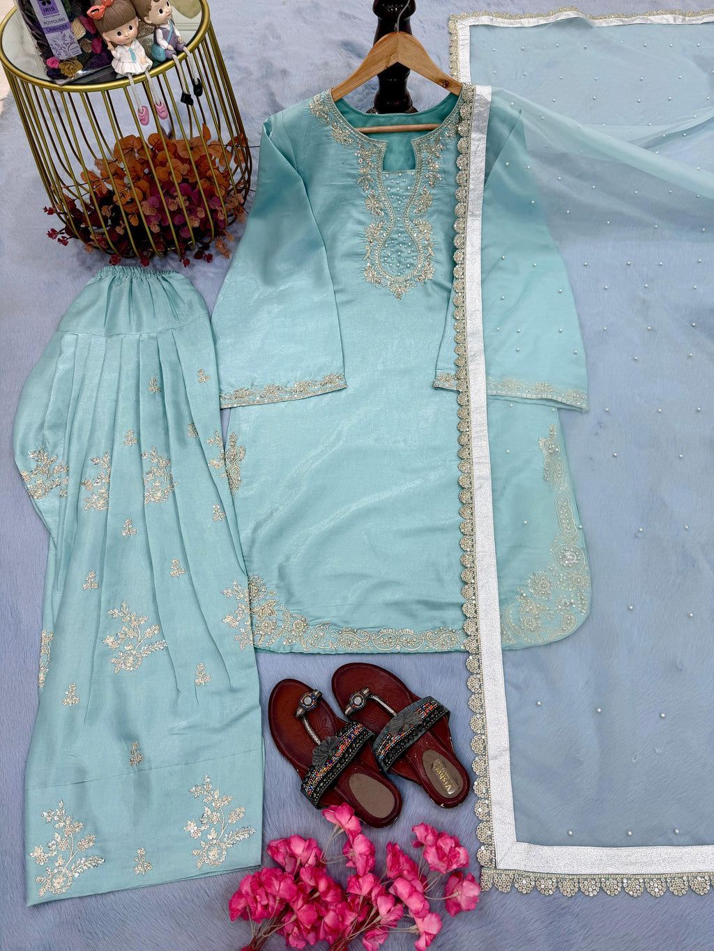 New Designer Party Wear Look Pure Glass Satin Top & Farshi Palazzo With Dupatta Set