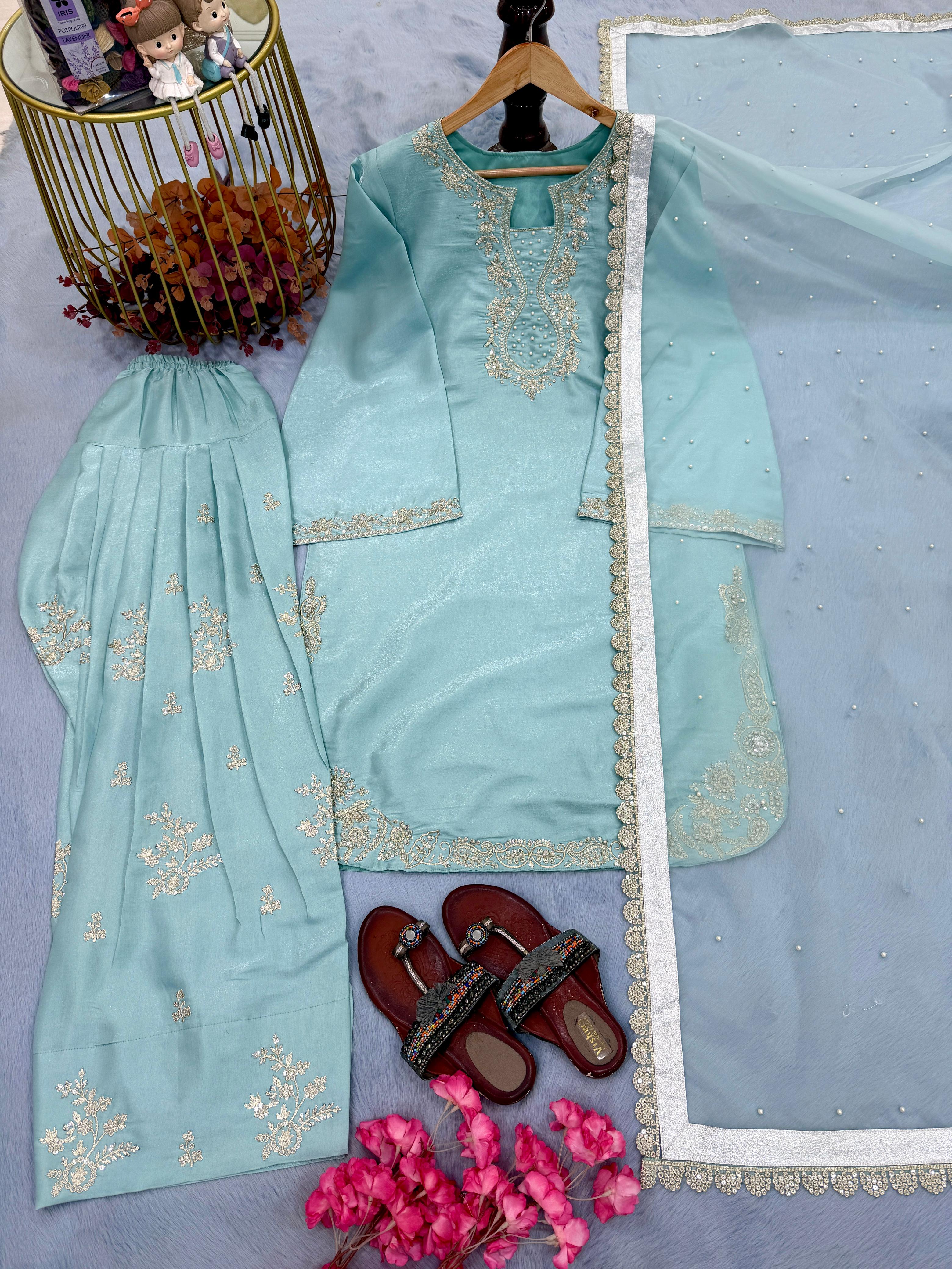 New Designer Party Wear Look Pure Glass Satin Top & Farshi Palazzo With Dupatta Set