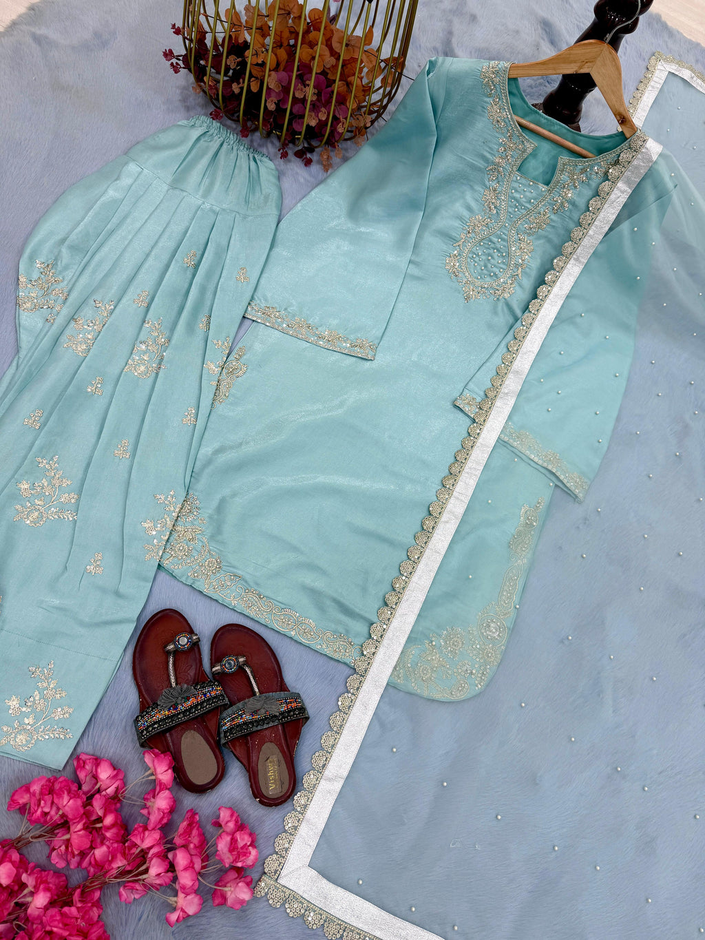 New Designer Party Wear Look Pure Glass Satin Top & Farshi Palazzo With Dupatta Set