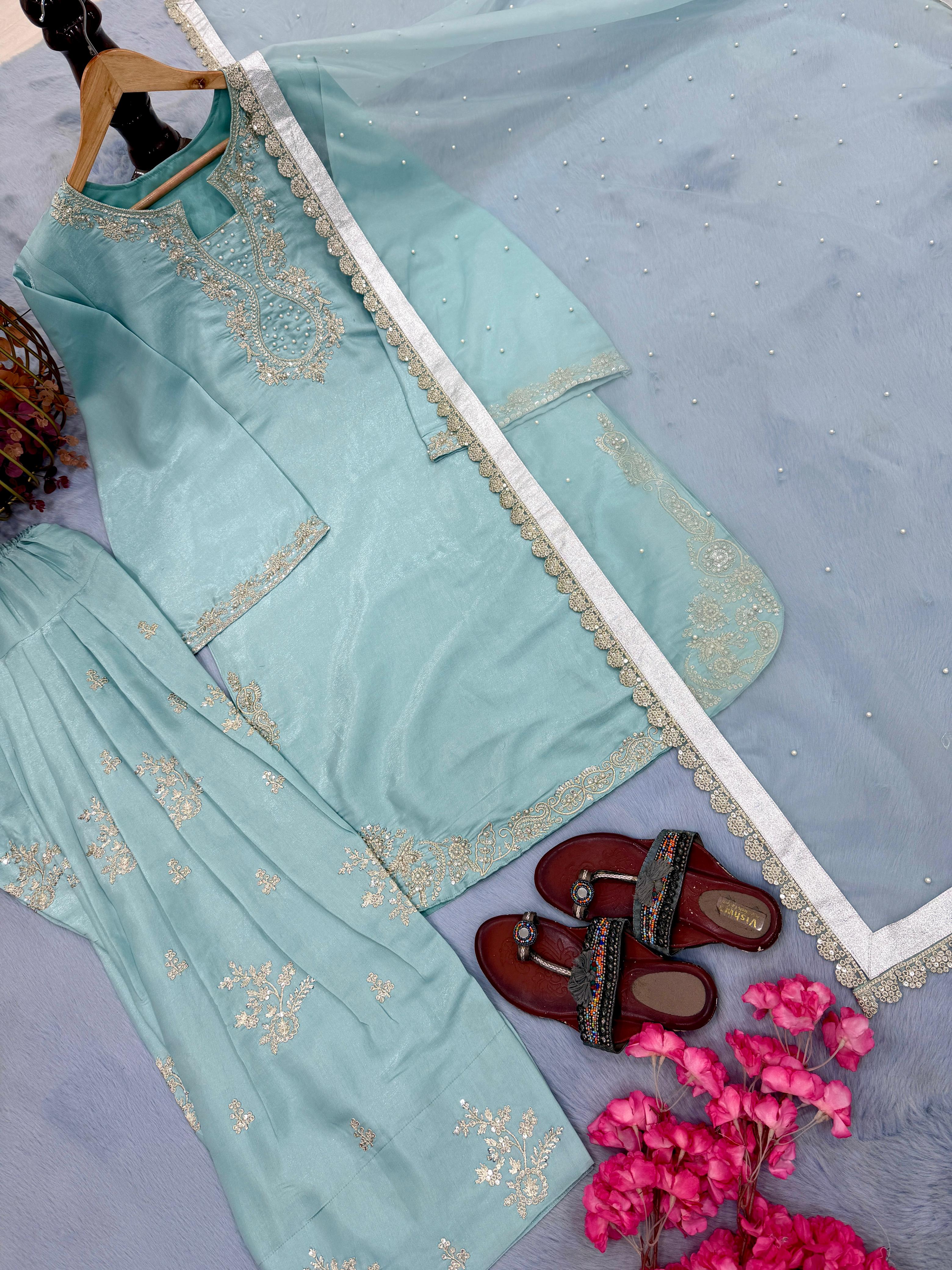 New Designer Party Wear Look Pure Glass Satin Top & Farshi Palazzo With Dupatta Set