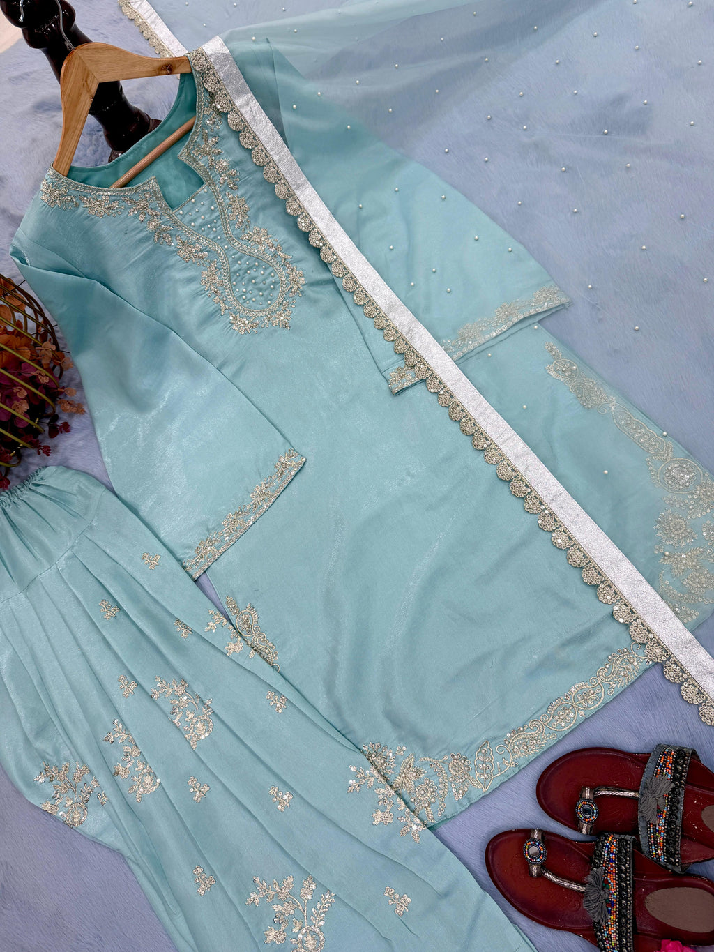 New Designer Party Wear Look Pure Glass Satin Top & Farshi Palazzo With Dupatta Set