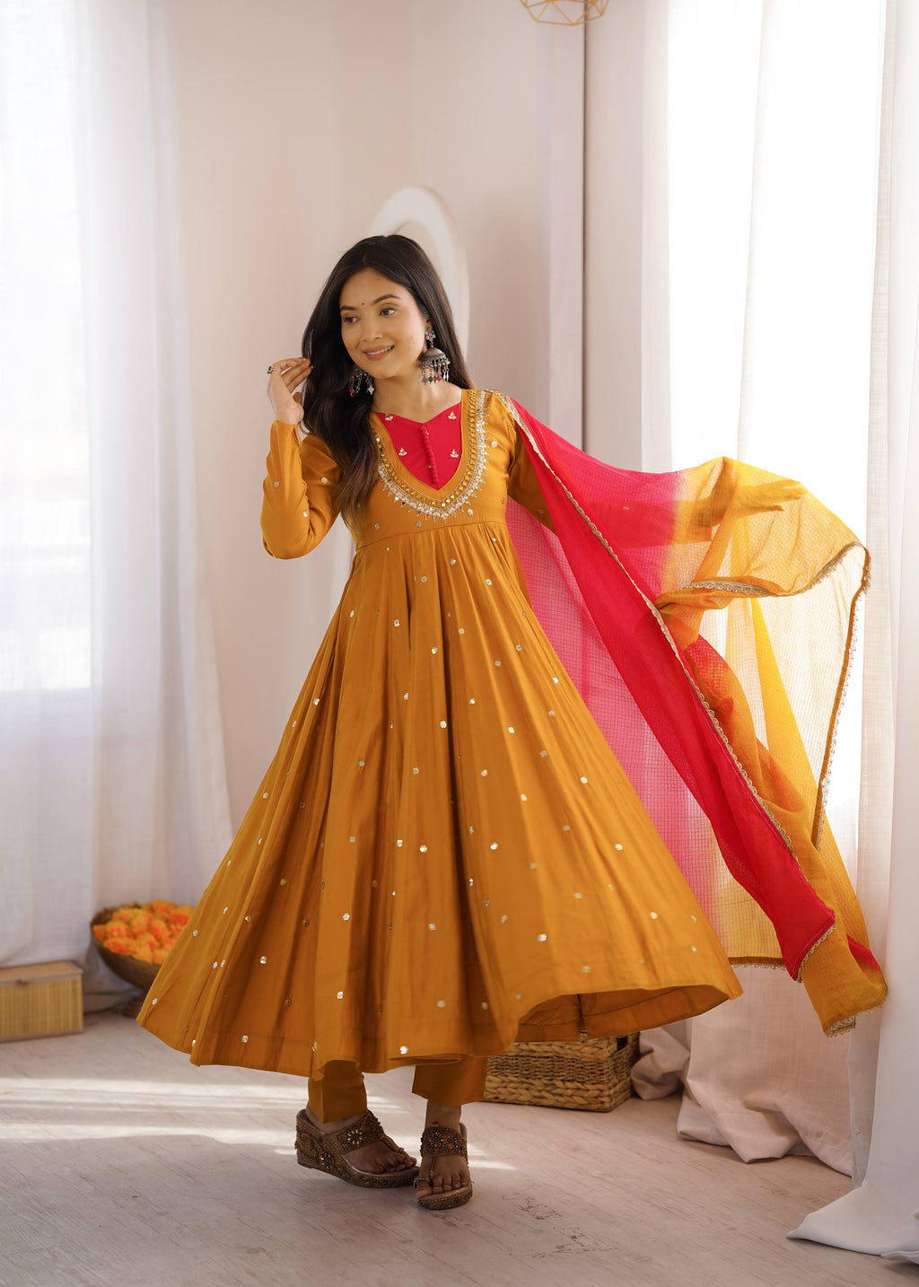 Mustard Roman Silk Mirror Work Anarkali Set