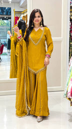Festive Mustard Yellow Mirror Work Ethnic Sharara Suit