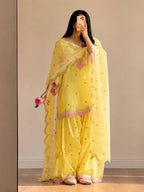 Women's Yellow Mal Chanderi Cotton Embroidered Kurta with Farshi Salwar and Dupatta Set