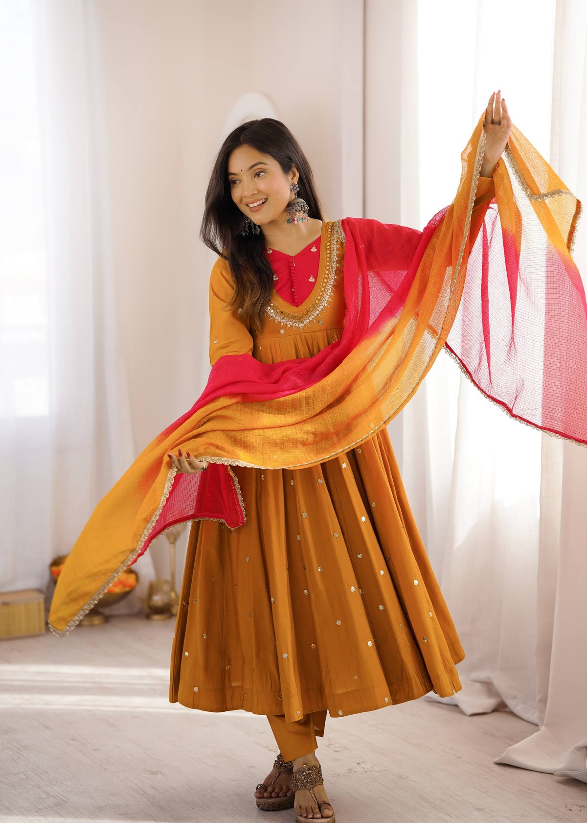Mustard Roman Silk Mirror Work Anarkali Set