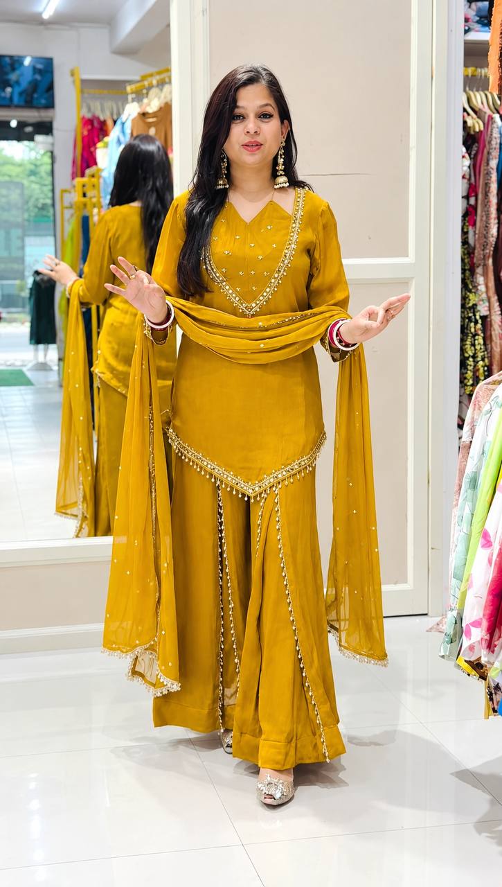 Festive Mustard Yellow Mirror Work Ethnic Sharara Suit