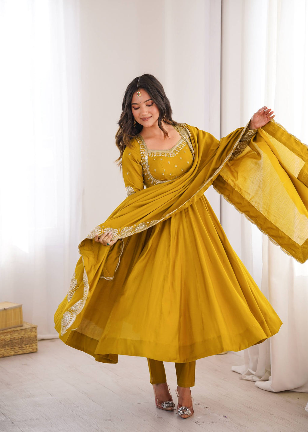 Festive Mustard Yellow Anarkali Gown with Embroidered Dupatta & Pants