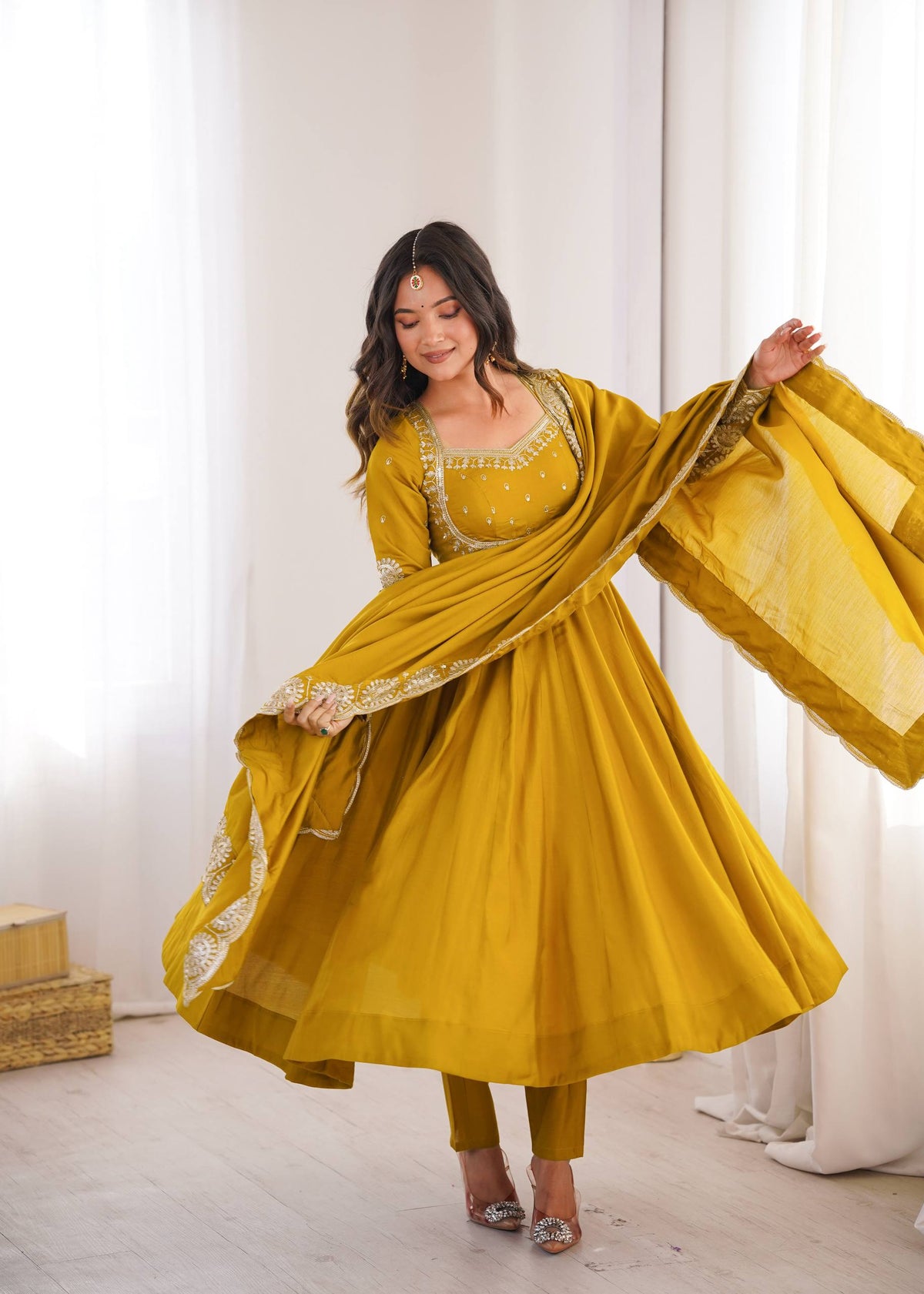 Festive Mustard Yellow Anarkali Gown with Embroidered Dupatta & Pants