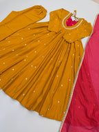 Mustard Roman Silk Mirror Work Anarkali Set