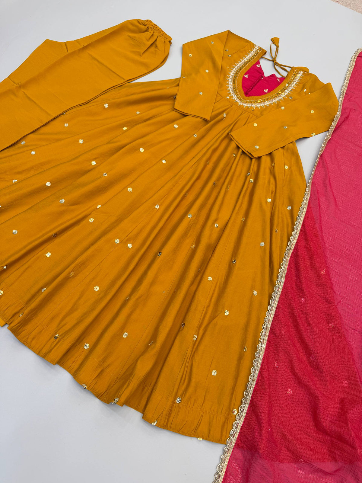 Mustard Roman Silk Mirror Work Anarkali Set