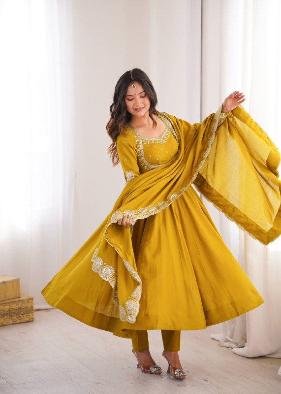 Festive Mustard Yellow Anarkali Gown with Embroidered Dupatta & Pants