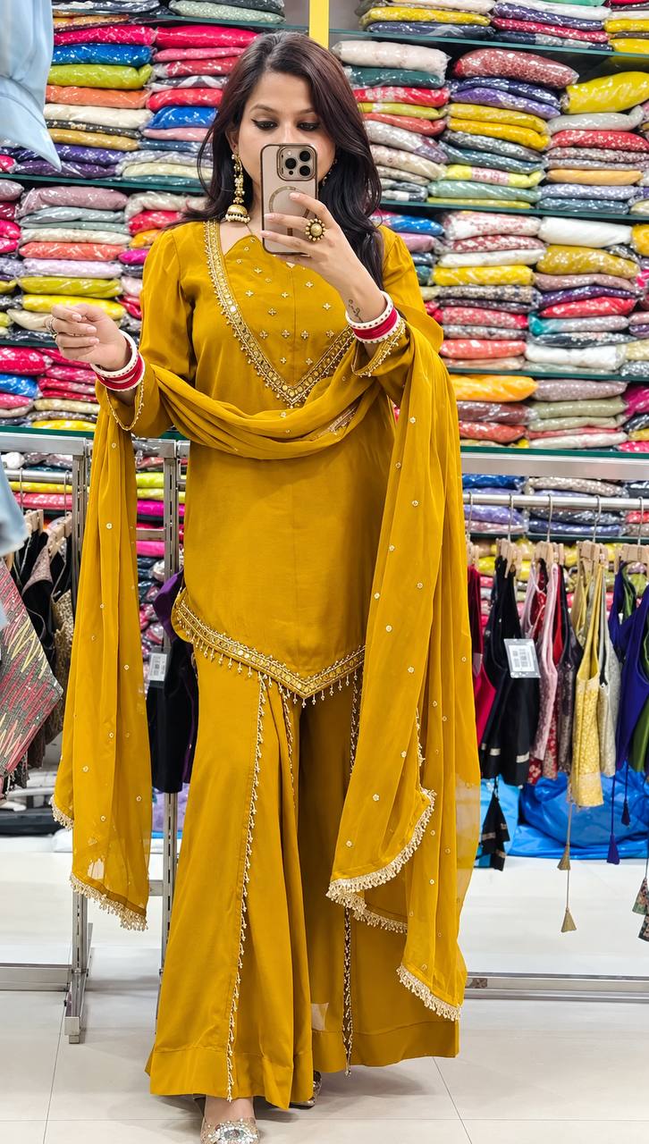 Festive Mustard Yellow Mirror Work Ethnic Sharara Suit