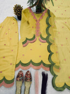 Women's Yellow Mal Chanderi Cotton Embroidered Kurta with Farshi Salwar and Dupatta Set