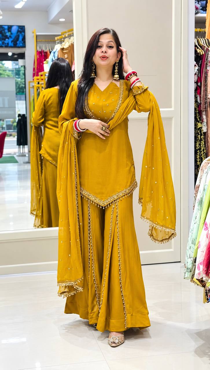 Festive Mustard Yellow Mirror Work Ethnic Sharara Suit