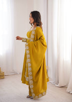 Festive Mustard Yellow Anarkali Gown with Embroidered Dupatta & Pants