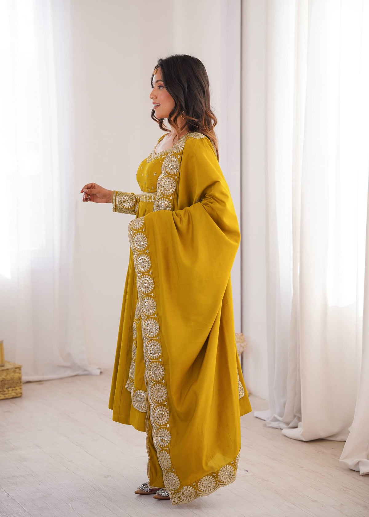 Festive Mustard Yellow Anarkali Gown with Embroidered Dupatta & Pants