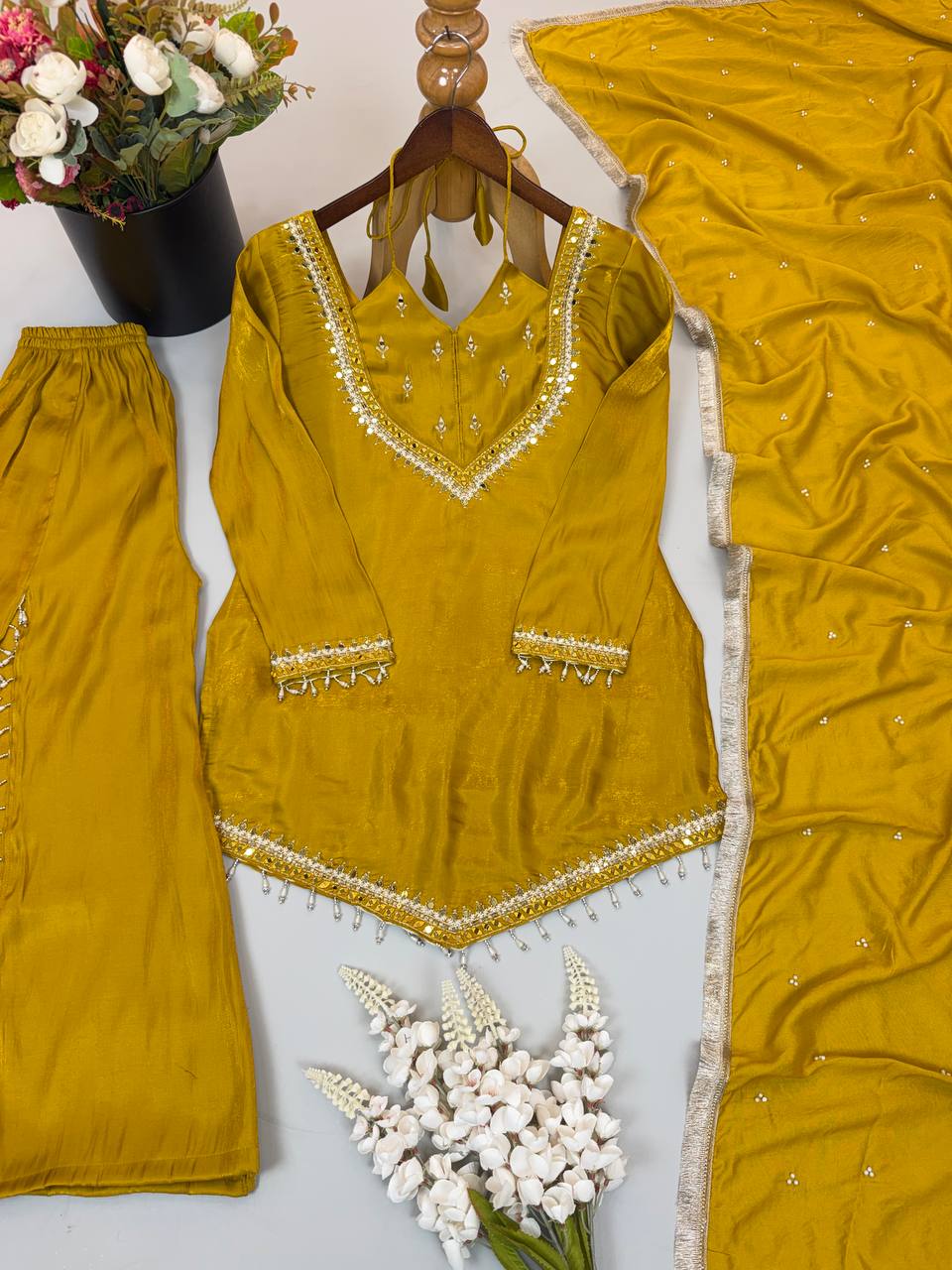 Festive Mustard Yellow Mirror Work Ethnic Sharara Suit