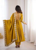 Festive Mustard Yellow Anarkali Gown with Embroidered Dupatta & Pants