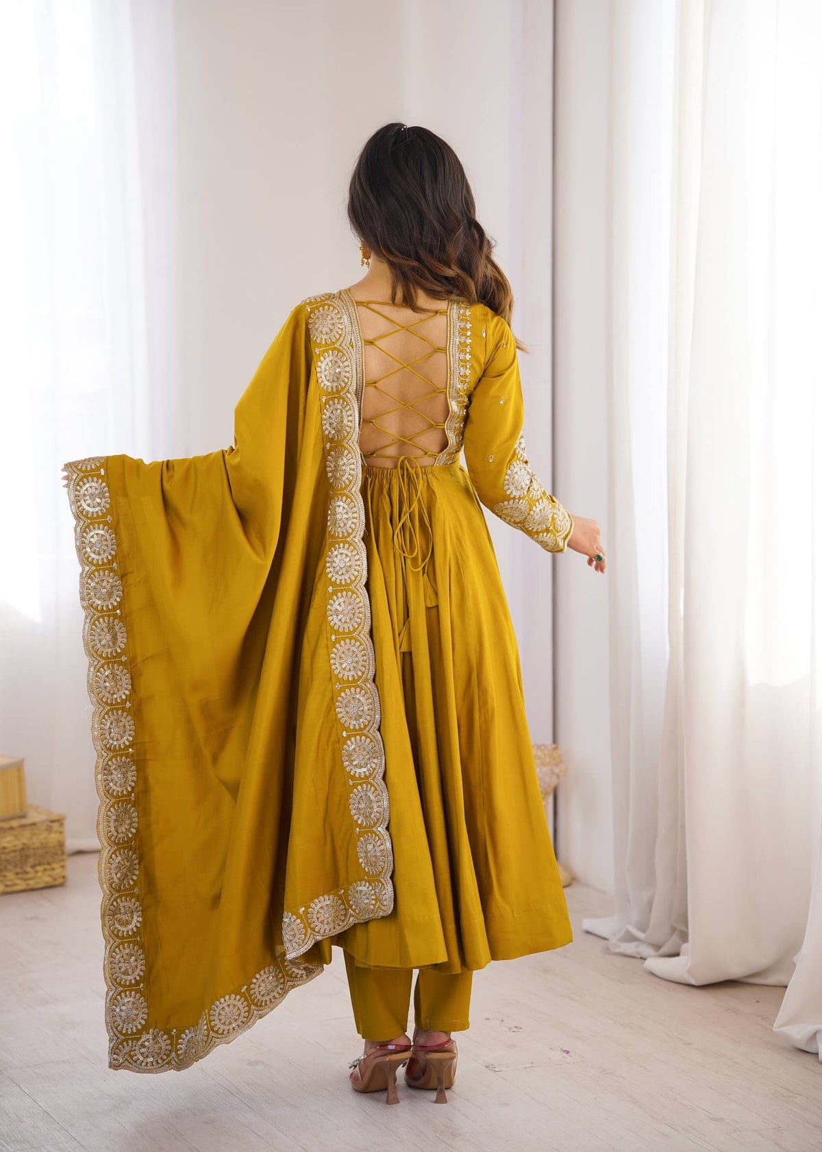 Festive Mustard Yellow Anarkali Gown with Embroidered Dupatta & Pants