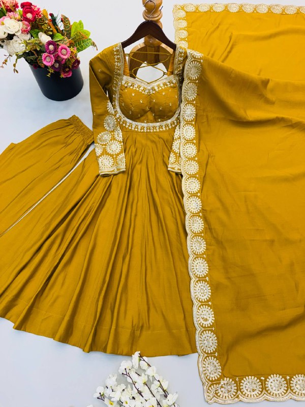 Festive Mustard Yellow Anarkali Gown with Embroidered Dupatta & Pants