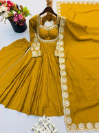 Festive Mustard Yellow Anarkali Gown with Embroidered Dupatta & Pants