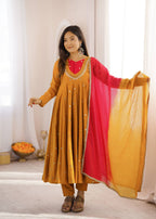 Mustard Roman Silk Mirror Work Anarkali Set