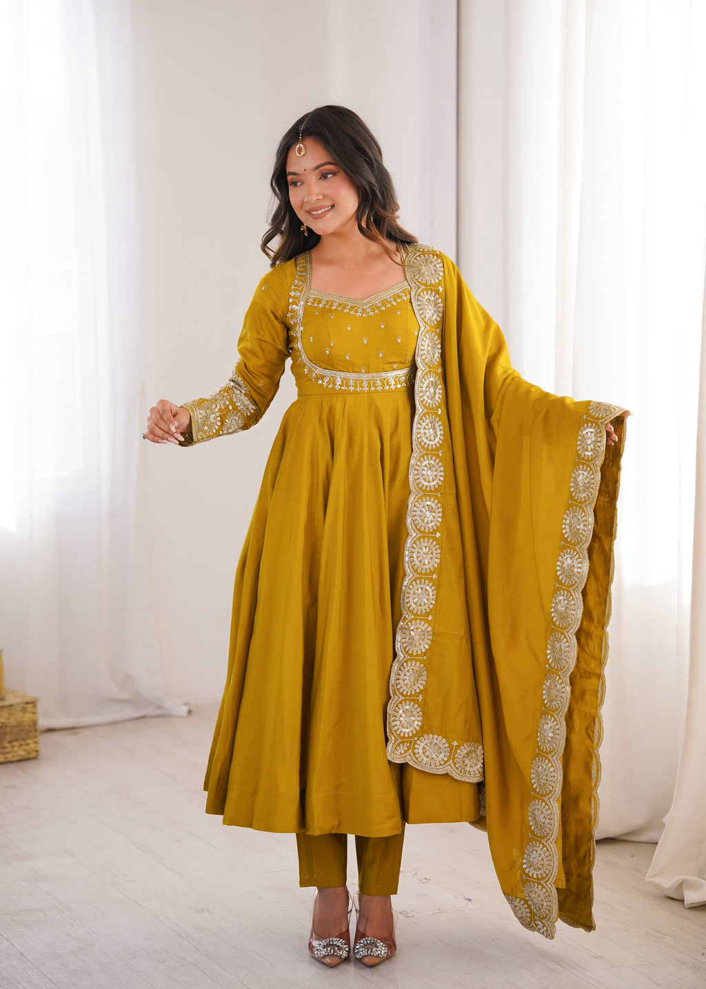 Festive Mustard Yellow Anarkali Gown with Embroidered Dupatta & Pants