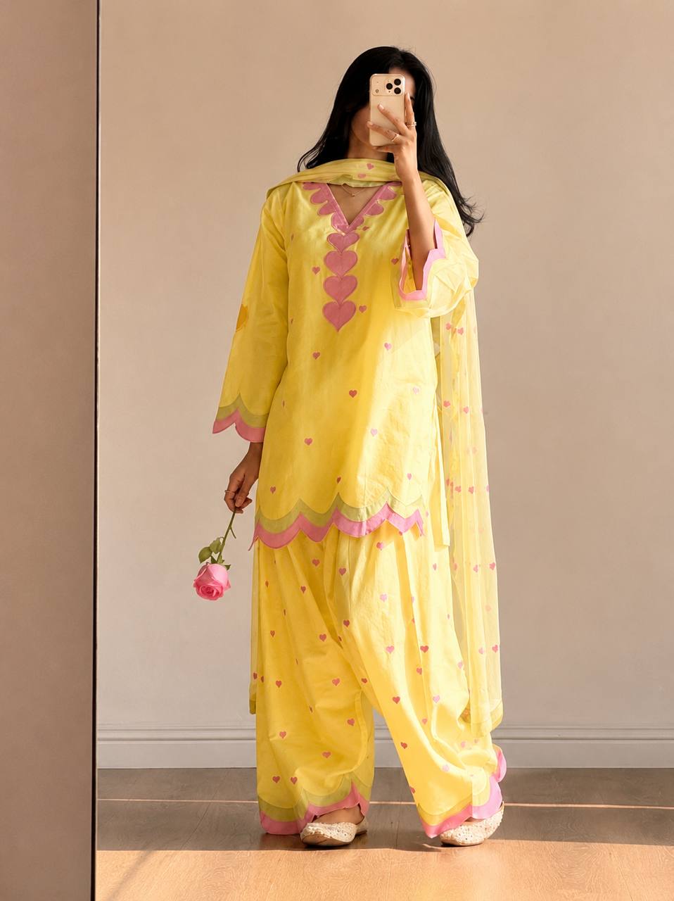 Women's Yellow Mal Chanderi Cotton Embroidered Kurta with Farshi Salwar and Dupatta Set