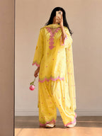 Women's Yellow Mal Chanderi Cotton Embroidered Kurta with Farshi Salwar and Dupatta Set