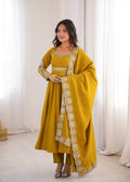 Festive Mustard Yellow Anarkali Gown with Embroidered Dupatta & Pants
