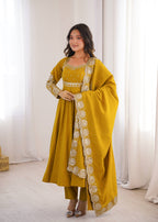 Festive Mustard Yellow Anarkali Gown with Embroidered Dupatta & Pants