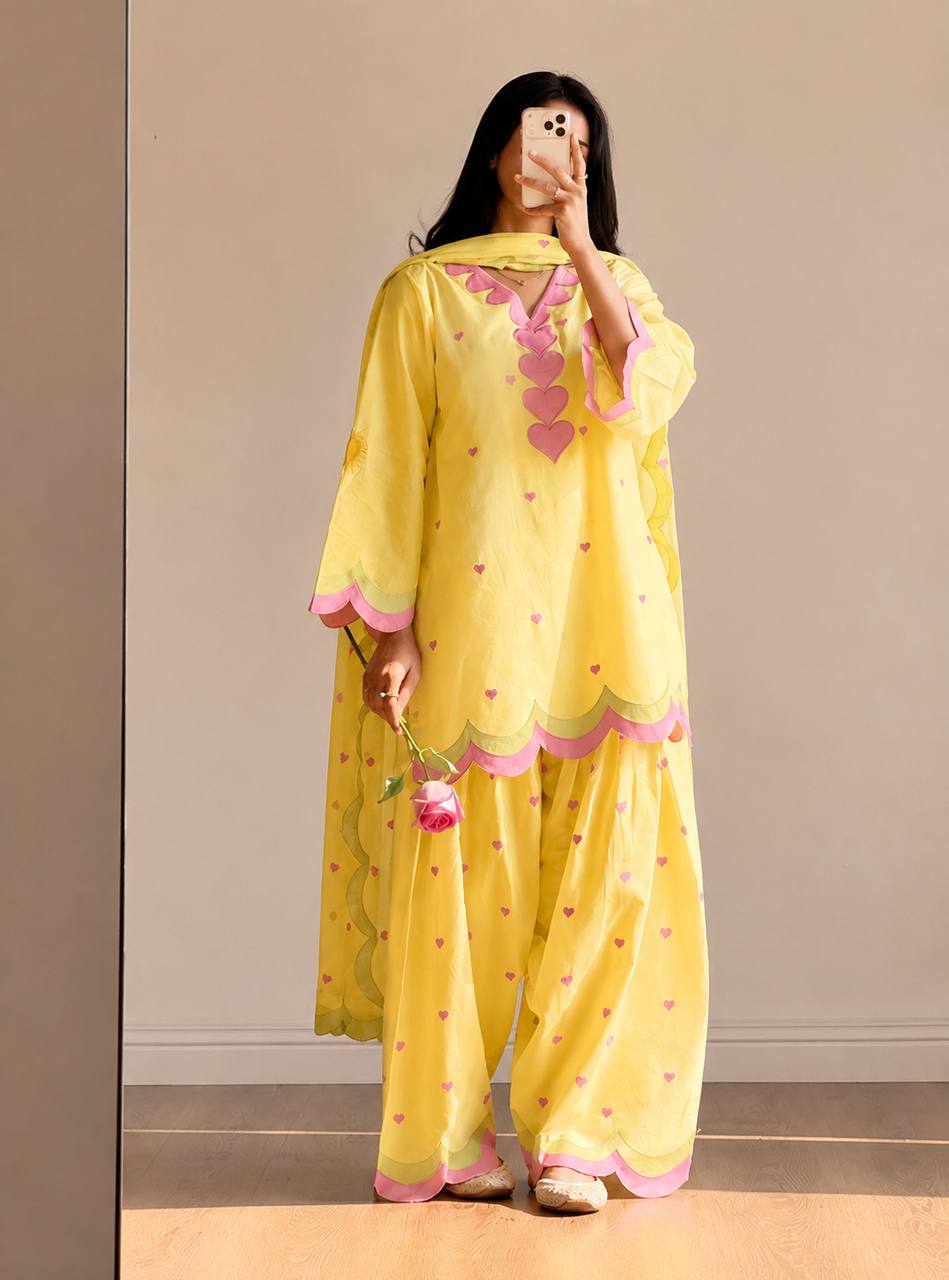 Women's Yellow Mal Chanderi Cotton Embroidered Kurta with Farshi Salwar and Dupatta Set